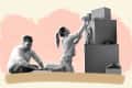 Man and woman organizing and stacking boxes, with the woman reaching to place an item on top.
