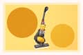 Yellow upright vacuum cleaner with a transparent canister on a yellow background with two large circles.