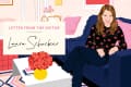 Illustration of a woman on a blue sofa with pink pillows, wearing a black shirt with red lips, next to a table with red flowers.
