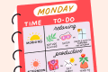 Monday planner with sections for morning relaxation, afternoon productivity, and night pleasure activities.