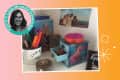 Desk shelf with a Little Mermaid jewelry box, photo, books, pens in a mug, and a pink brush.
