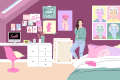 Woman in a purple room with art on walls, standing by a bed and desk with a computer and pink chair.