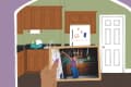 woman holding old photo in illustrated kitchen
