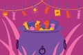 Cauldron filled with colorful candy packets, surrounded by pink grass, with more candy hanging on a line above.