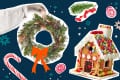 Hand holding a festive wreath with an orange bow, surrounded by a gingerbread house, candy cane, and holiday decorations.