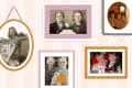 A collage of vintage family photos with floral illustrations on a striped wall.