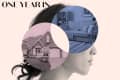 Profile of a woman with overlapping circles showing a house and a living room, text "One Year In" above.