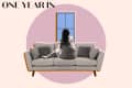 Woman sitting on a gray sofa facing a window, with decorative pillows and a pink circular backdrop.