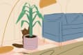 Cat peeking from behind a potted plant next to a blue sofa in a cozy room with a floor lamp.