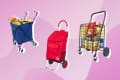 Three shopping carts: blue with groceries, red with a cover, and wire with assorted items on a pink background.