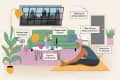 Living room with a green sofa, plants, a person stretching on a mat, and tips for home safety and relaxation.