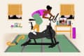 Woman exercising on a stationary bike in a room with a green rug, table with books, and a tablet showing a workout video.