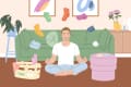 Man meditating in living room with floating socks, green sofa, and pink ottoman. Laundry basket and plants in background.