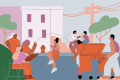 People enjoying a neighborhood block party with a barbecue, jump rope, and conversations near a building and trees.