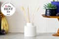 White reed diffuser, gold pineapple decor, and succulent on a wooden tray against a tiled wall.