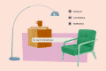 Green armchair, wooden cube table with a mug, and a floor lamp next to a search bar labeled "Search Marketplace."