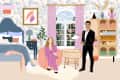Woman in pink suit seated in a bedroom with floral wallpaper, next to a man in a black suit, crib, and bookshelf.