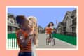 Children playing in a suburban neighborhood; one blows bubbles, another rides a bike with an adult.