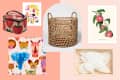 Strawberry-patterned lunch bag, wicker basket, fruit prints, animal faces, and white ceramic leaves on a pink background.