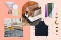 Collage of home decor items: pink glass bowl, white lamp, cat in litter box, purple candles, apron, and gold moon wall hanging.