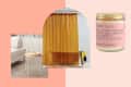 Side table with a tray top, mustard shower curtain, and scented candle labeled "Bonfire Blaze."