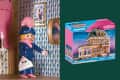 A Playmobil figure in a blue outfit with a pink hat and handbag stands in a patterned room, next to a dollhouse box.