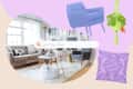 collage of a living room with an image search bar over it with a chair, a hanging macrame planter, and a throw pillow