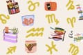 Colorful zodiac symbols with illustrations of books, pans, boots, and a typewriter on a light background.