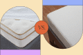 Close-up comparison of a plush mattress with a quilted cover versus a firm mattress on a wooden bed frame.