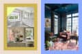 graphic collage showing photos of a bathroom, kitchen, and living room area in three different wall colors