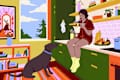 illustration of a woman at home in her kitchen eating chinese takeout with her dog