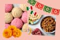 Graphic collage showing photos of pan dulce conchas and a taco spread with cochinita pibil surrounded by marigolds, small mexican flag decorations, and a papel picado banner