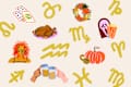 Colorful illustrations of zodiac signs, a turkey, a pumpkin, a lion, and hands clinking beer mugs on a light background.