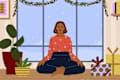 illustration of a woman meditating in her home surrounded by houseplants, holiday decor, and wrapped gifts