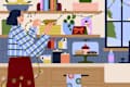 illustration of a woman at home stringing holiday lights up on her kitchen shelves