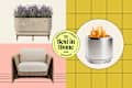 A lavender planter, a wicker outdoor chair with cushions, and a fire pit with flames, all on a colorful background.
