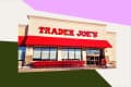 Trader Joe's storefront with red awning, shopping carts lined up outside, and a person entering.