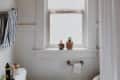 Bathroom window with two small potted plants on the sill, striped towel on rack, and toilet paper holder below.
