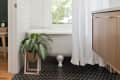 Bathroom with a white clawfoot tub, black hexagonal tile floor, wooden cabinet, and a potted plant.