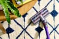 Vacuum cleaner on a patterned rug with blue and cream colors, next to a wooden table and a potted plant.