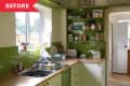 Small kitchen with green tile backsplash, wooden countertops, dish rack, toaster, and jars on shelves.