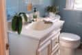 Small bathroom with blue tile walls, white vanity, potted plant, striped rug, and a window.