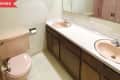Before: Vintage bathroom with pink toilet and sink