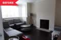 Living room with gray sofas, round coffee table, tripod lamp, and fireplace, labeled "Before" in red.