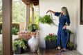 Woman in blue jumpsuit watering hanging plant on porch with potted flowers and large ceramic vase.