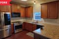 Before: Dated kitchen with dark wooden cabinets and floors and tan countertops