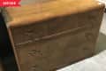 Before: Vintage wood three-drawer chest, with scratched and stained surfaces