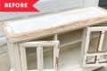 Before: Lower half of faded, chipped white hutch with glass front cabinet doors