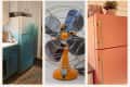 3 after photos of home appliances that have been painted: 1. a fridge that's been painted teal, 2. a small fan that's been painted orange, 3. a fridge that been painted peach and gold pulls have been added