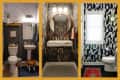 3 wallpapered bathroom photos, all different styles